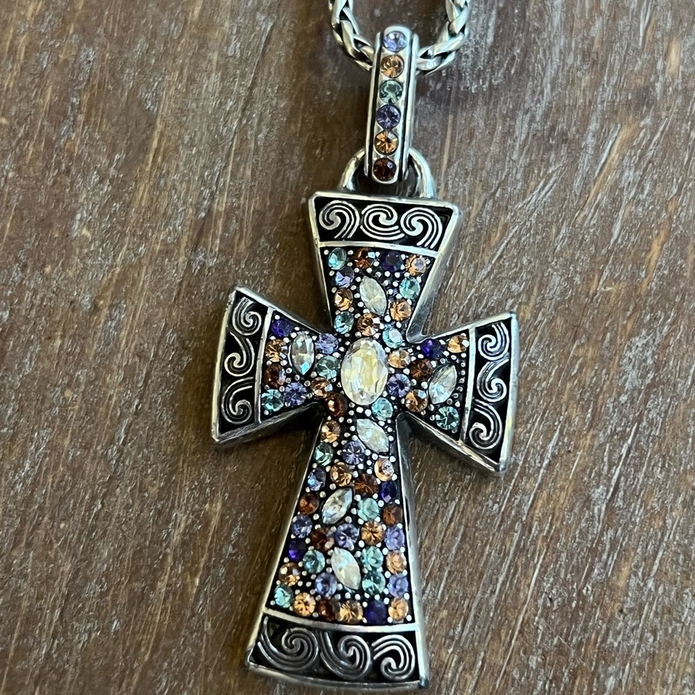 Brighton Cross Necklace • Retired Multi-Color Crystal Pendant • Silver Tone